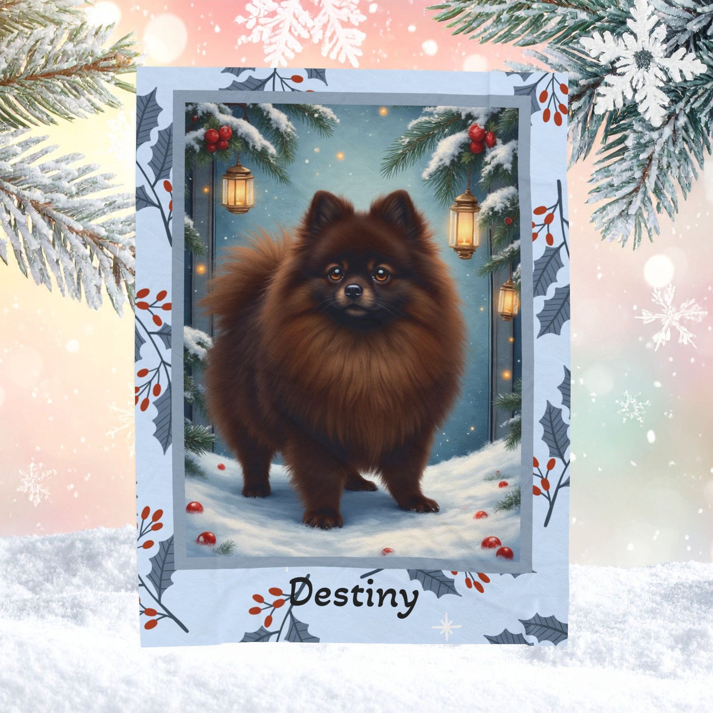 Pomeranian Chocolate custom winter blanket featuring a rich brown Pom in a bright winter lodge scene