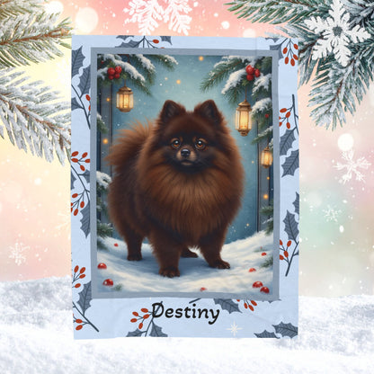 Pomeranian Chocolate custom winter blanket featuring a rich brown Pom in a bright winter lodge scene