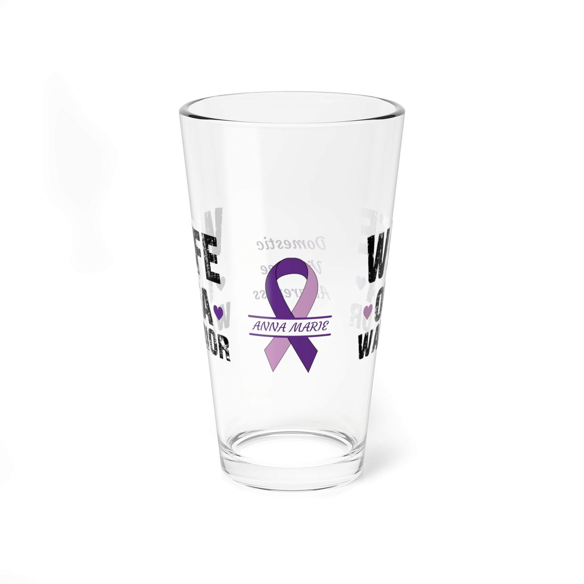 Wife of a Warrior: Personalized Domestic Violence Awareness Warrior Pint Glass - Proud Family Member