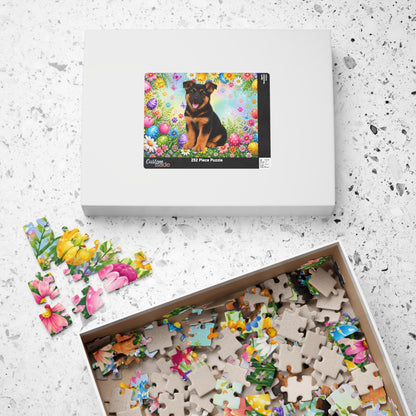 German Shepherd (Black & Red) Easter Puppy Puzzle - Spring Garden with Eggs, Tulips, and Daisies