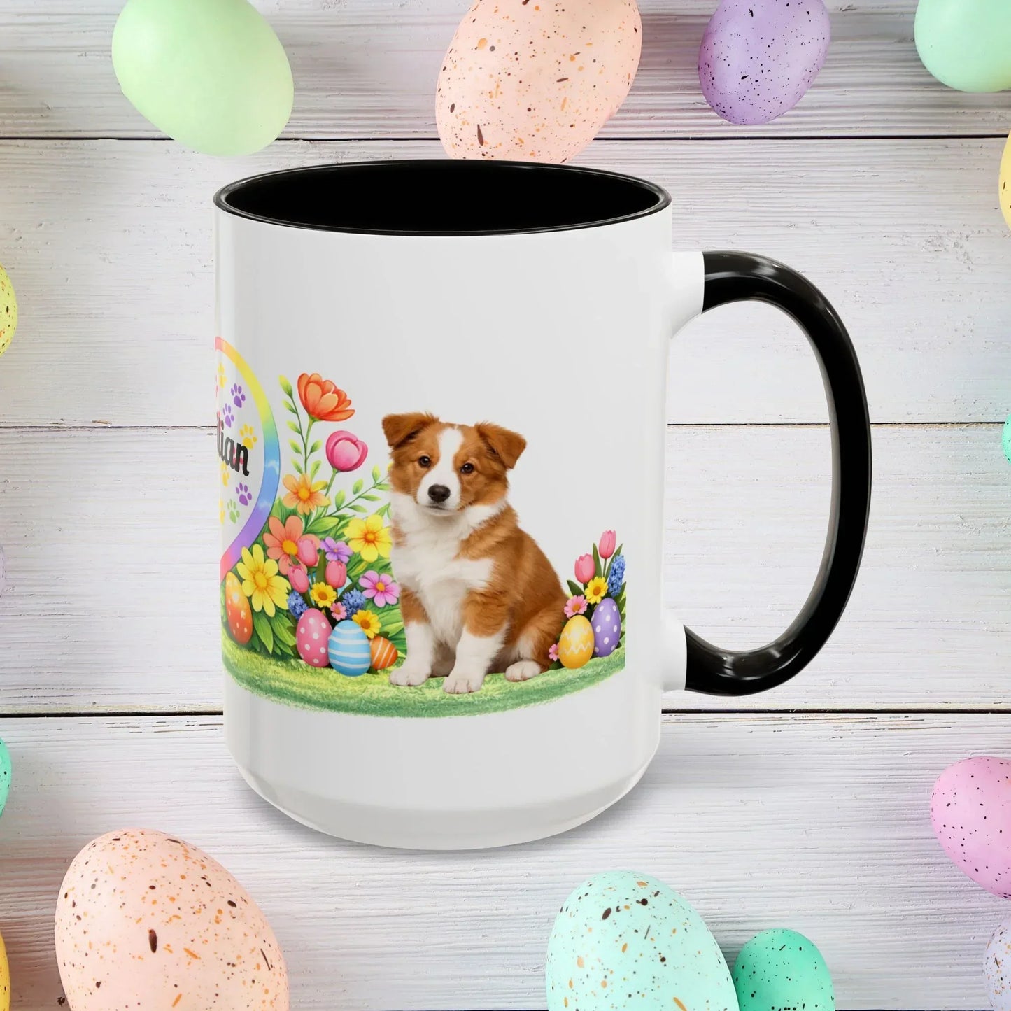 Shop our border collie red white puppy easter mug featuring the 15oz style option from MySisterIsASurvivor.