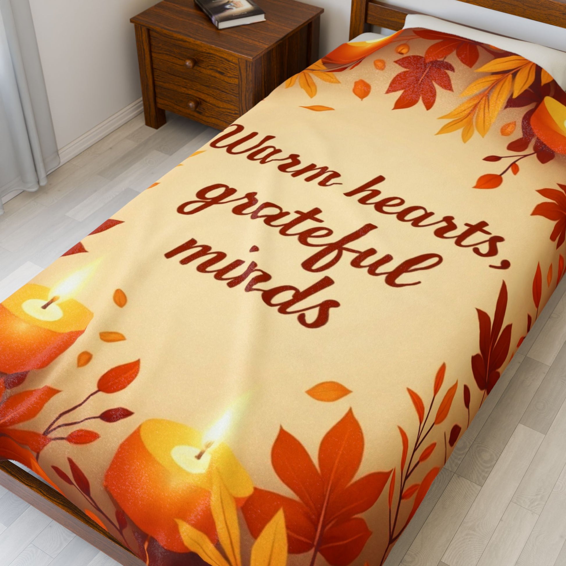Cozy fall blanket with “Warm Hearts, Grateful Minds,” mindfulness-inspired autumn home décor.