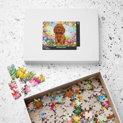 American Cocker Spaniel (Red) Easter Puppy Puzzle - Spring Garden with Eggs, Tulips, and Daisies