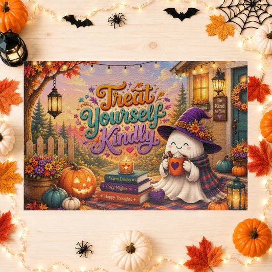 Treat Yourself Kindly Halloween puzzle featuring cozy ghost, warm drink, pumpkins, and fall lights