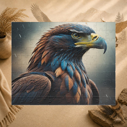 Talon Resilience - Brooding Eagle Portrait Puzzle with Dark Blue Feathers on Stormy Rainy Background