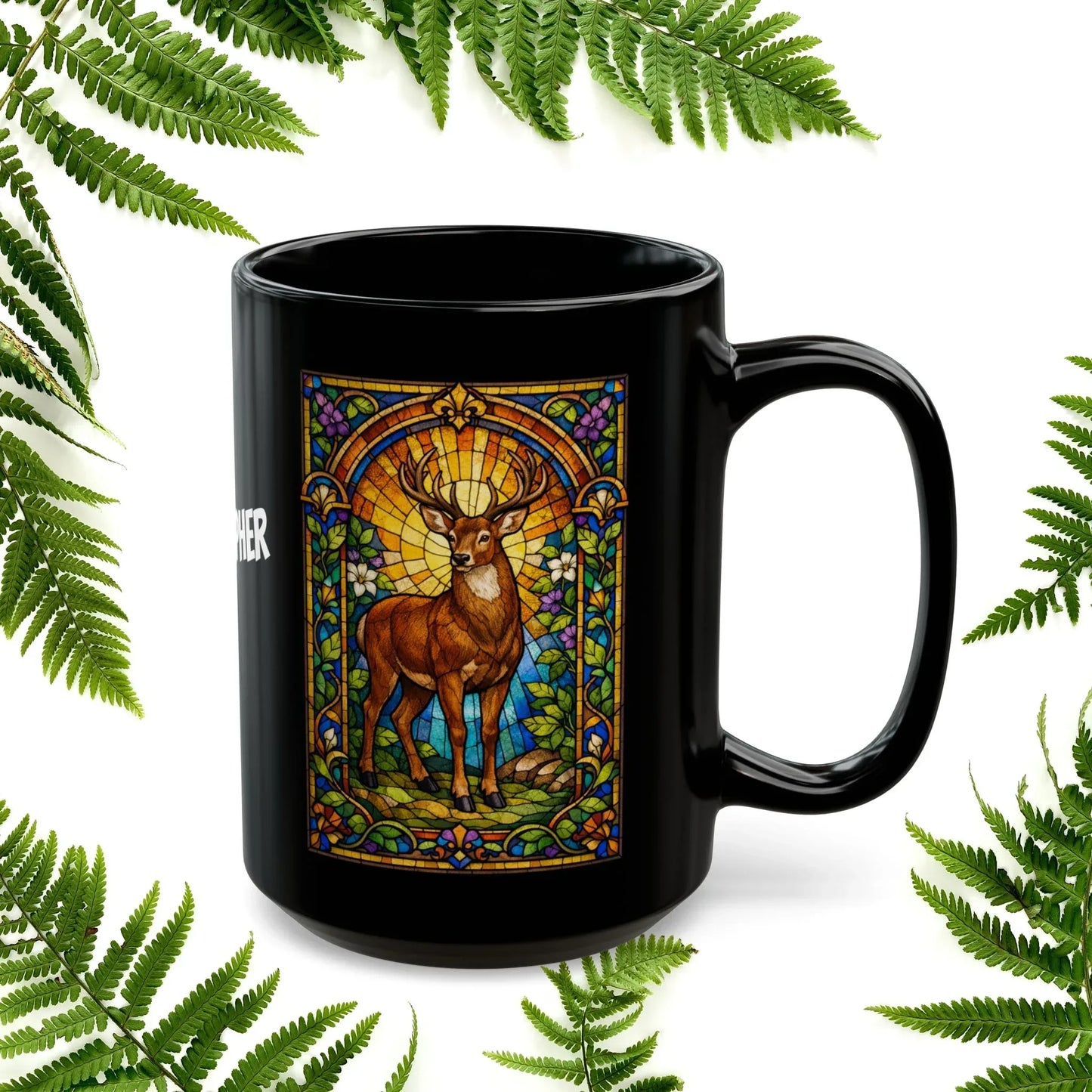 Shop our premium deer stained glass style black mug from MySisterIsASurvivor.