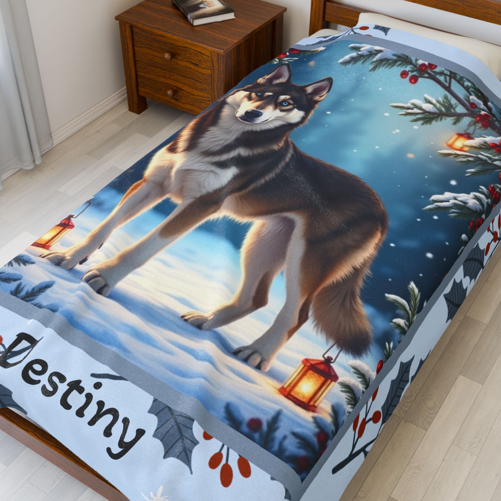 Husky Agouti and White custom winter blanket featuring an Arctic Husky in a bright cozy lodge-style scene