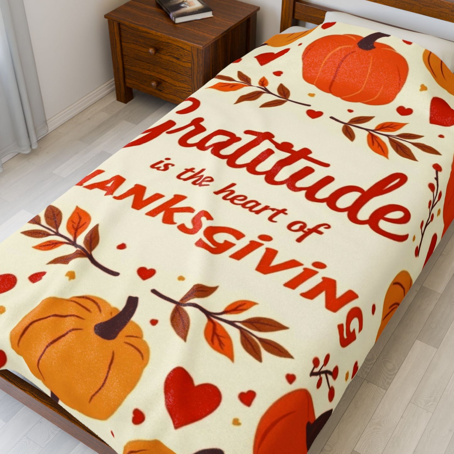 Thanksgiving blanket with “Gratitude Is the Heart of Thanksgiving,” cozy seasonal gratitude design.