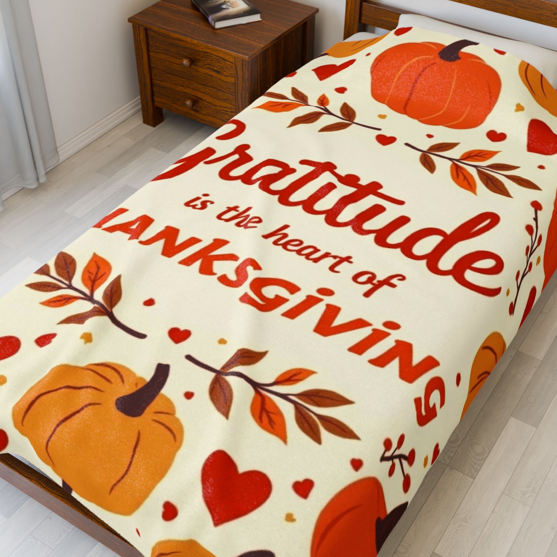 Thanksgiving blanket with “Gratitude Is the Heart of Thanksgiving,” cozy seasonal gratitude design.