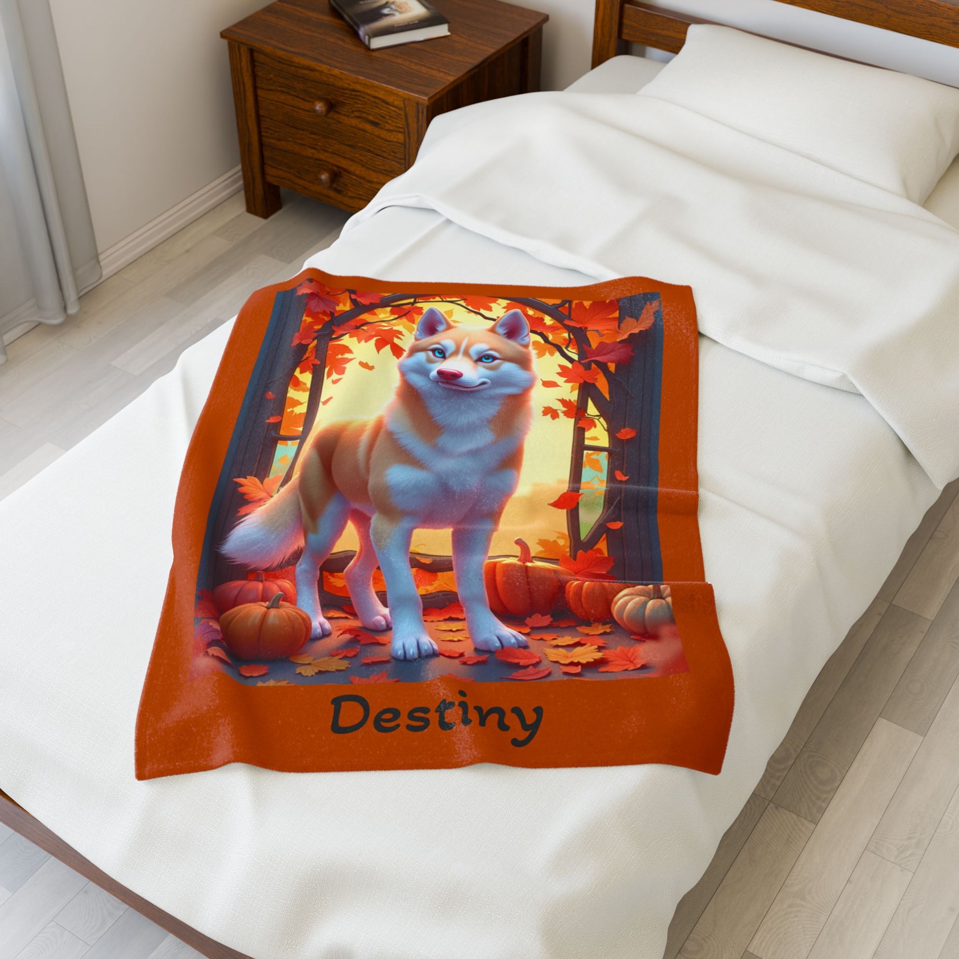Light Red Husky blue eyes velveteen plush blanket, custom dog throw for Husky fans - MySisterIsASurvivor