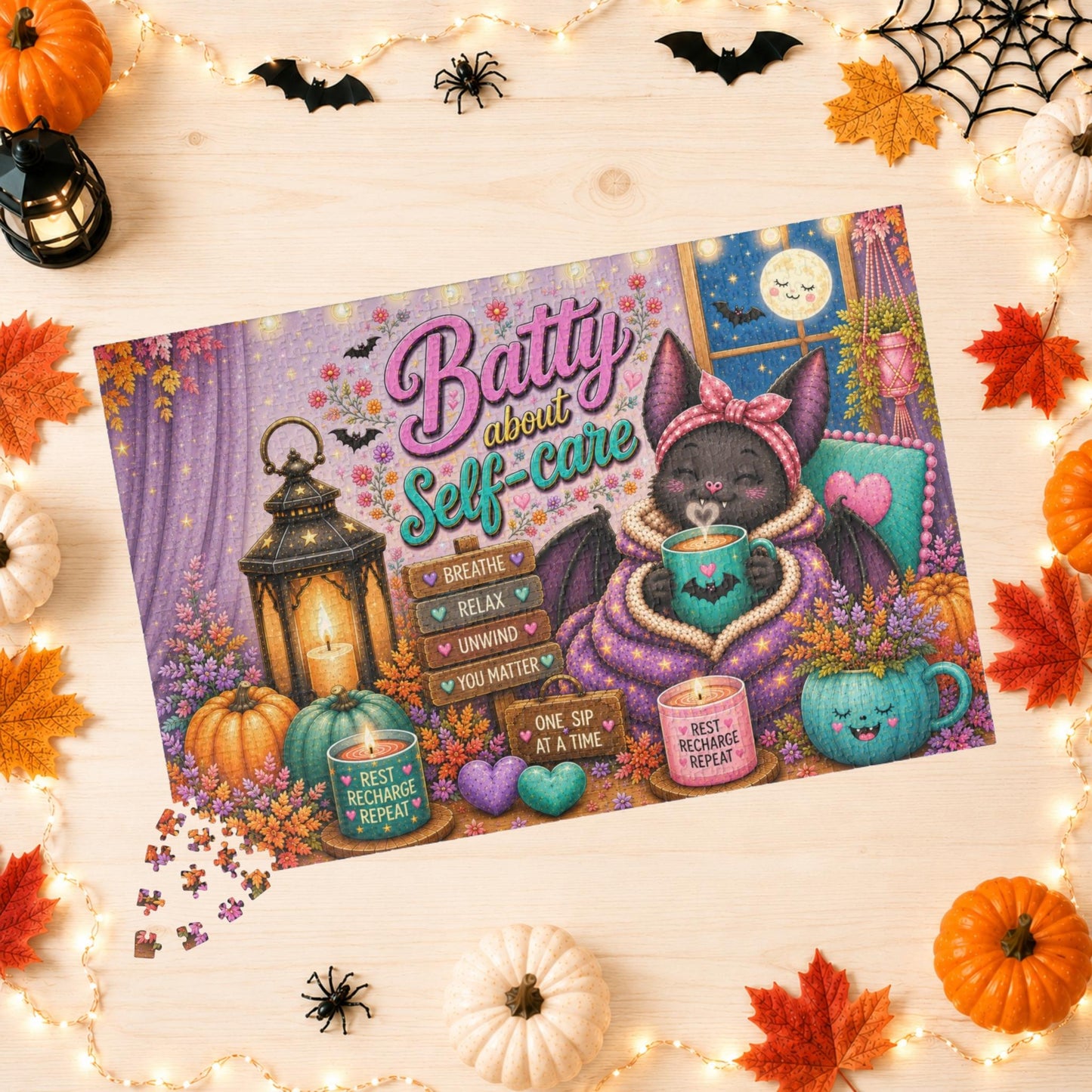 Batty About Self-Care Halloween Puzzle - Cozy Bat with Warm Mug, Blanket, and Rest Recharge Repeat