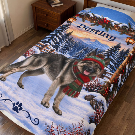 German Shepherd (Gray Coat) - Personalized Winter Mountain Throw, Custom Name Velveteen Blanket - MySisterIsAsurvor