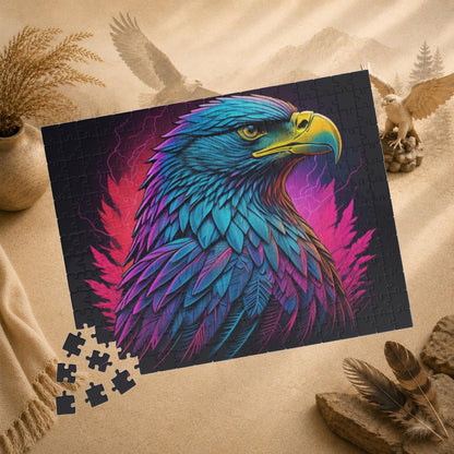 Triumphant Talons - Blacklight Neon Eagle Head Puzzle with Teal and Purple Feathers on Deep Black