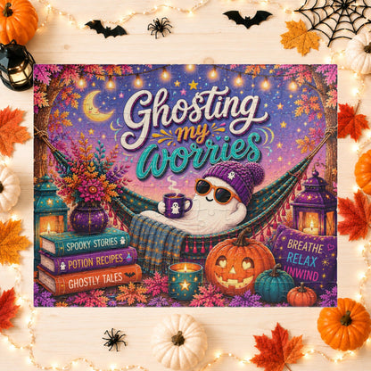 Ghosting My Worries Halloween Puzzle - Unbothered Ghost in Hammock with Breathe Relax Unwind Pillow