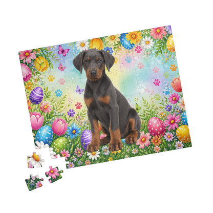 Doberman (Blue & Rust) Easter Puppy Puzzle - Spring Garden with Eggs, Tulips, and Daisies