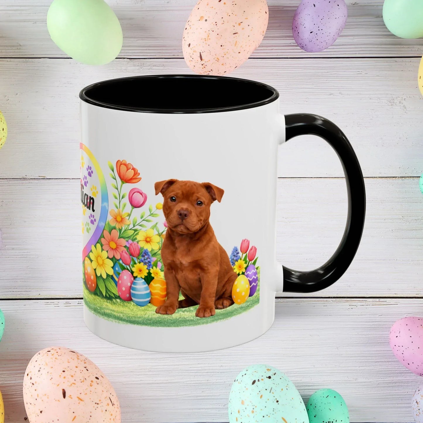 Shop our pitbull red puppy easter mug featuring the 11oz style option from MySisterIsASurvivor.
