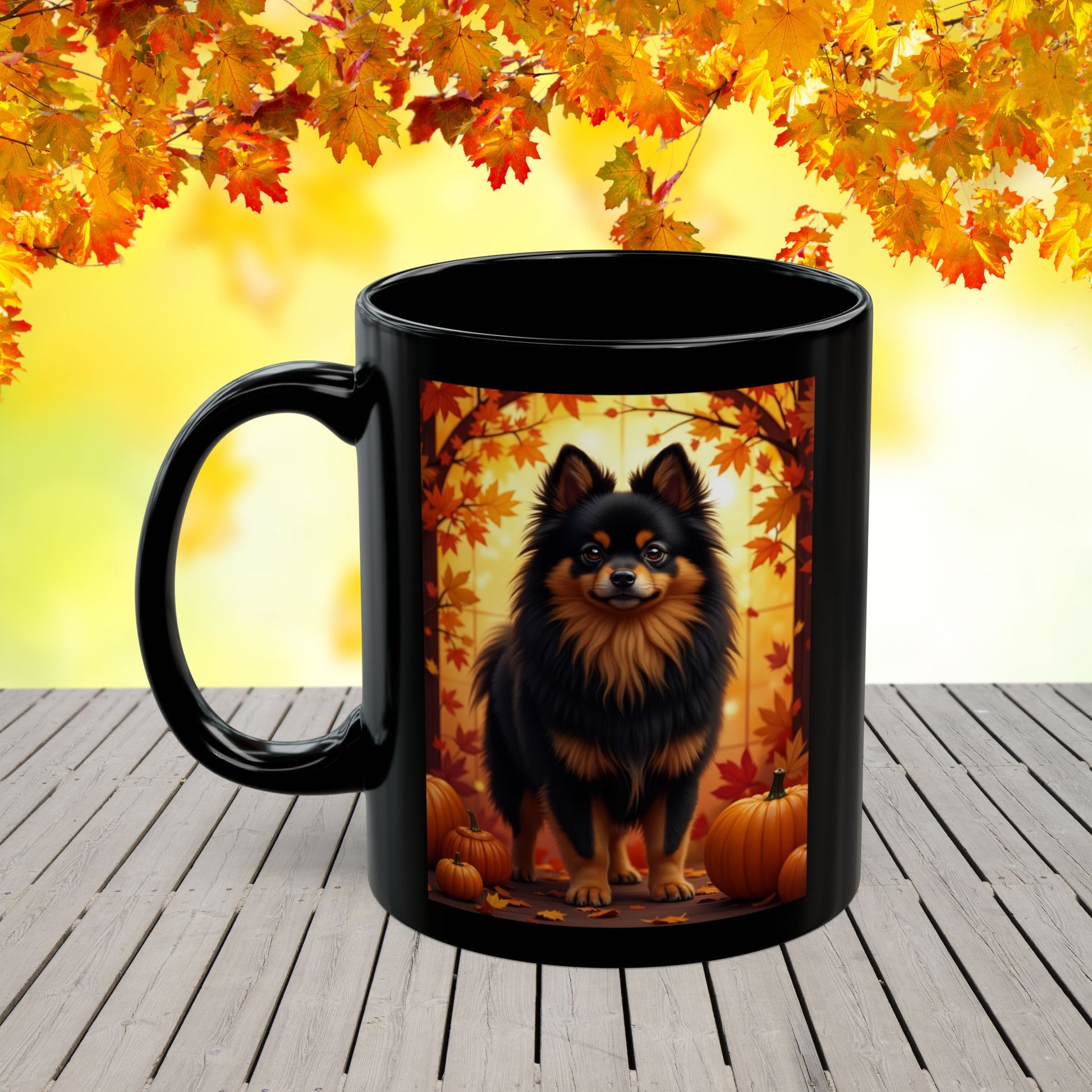 Black & Tan Pomeranian autumn coffee mug, personalized dog lover gift for cozy fall sipping