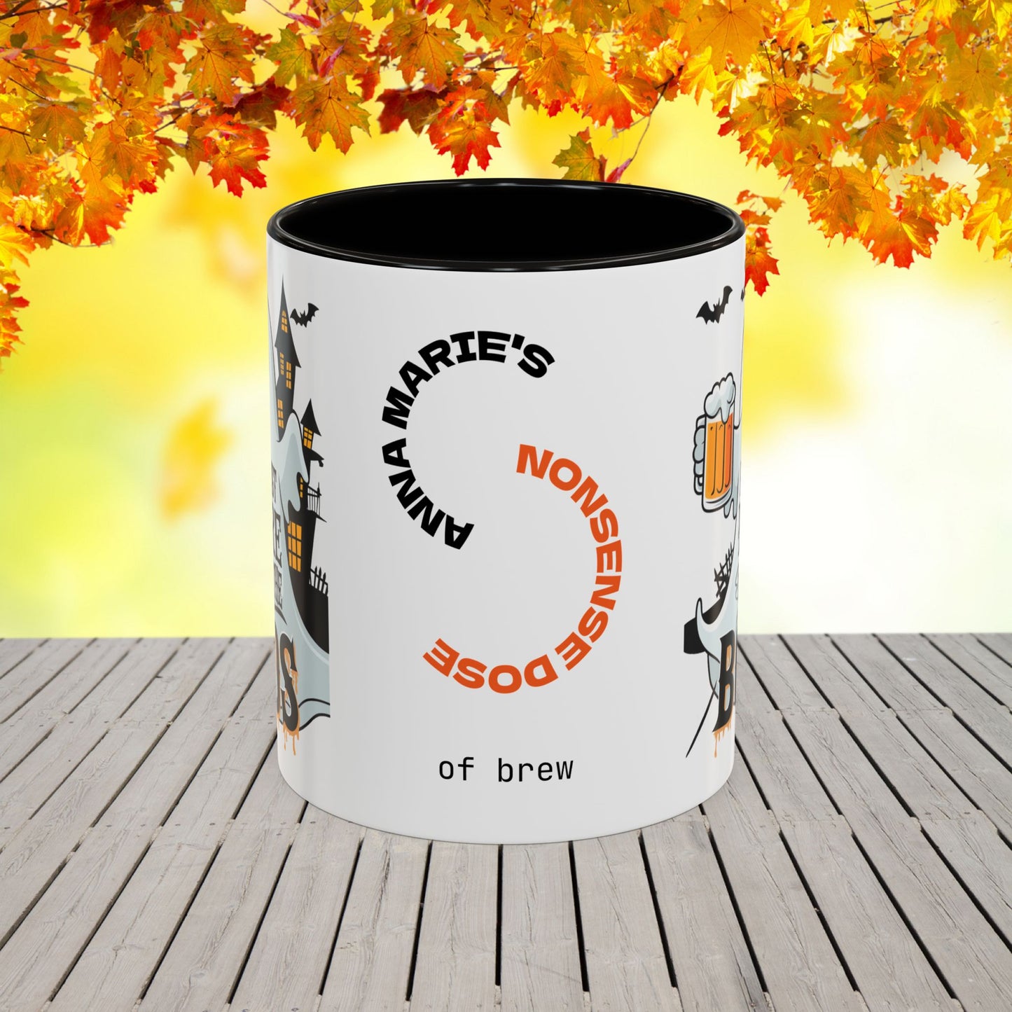 Personalized Halloween coffee mug with “Just Here for the Boos” message, combining humor and mental health support