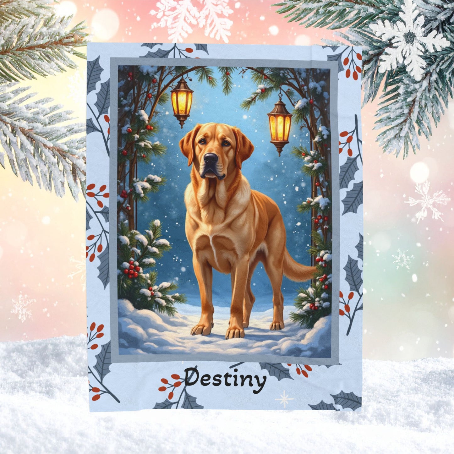 Labrador Retriever Yellow personalized winter throw showing a happy yellow Lab in a bright lodge-style scene