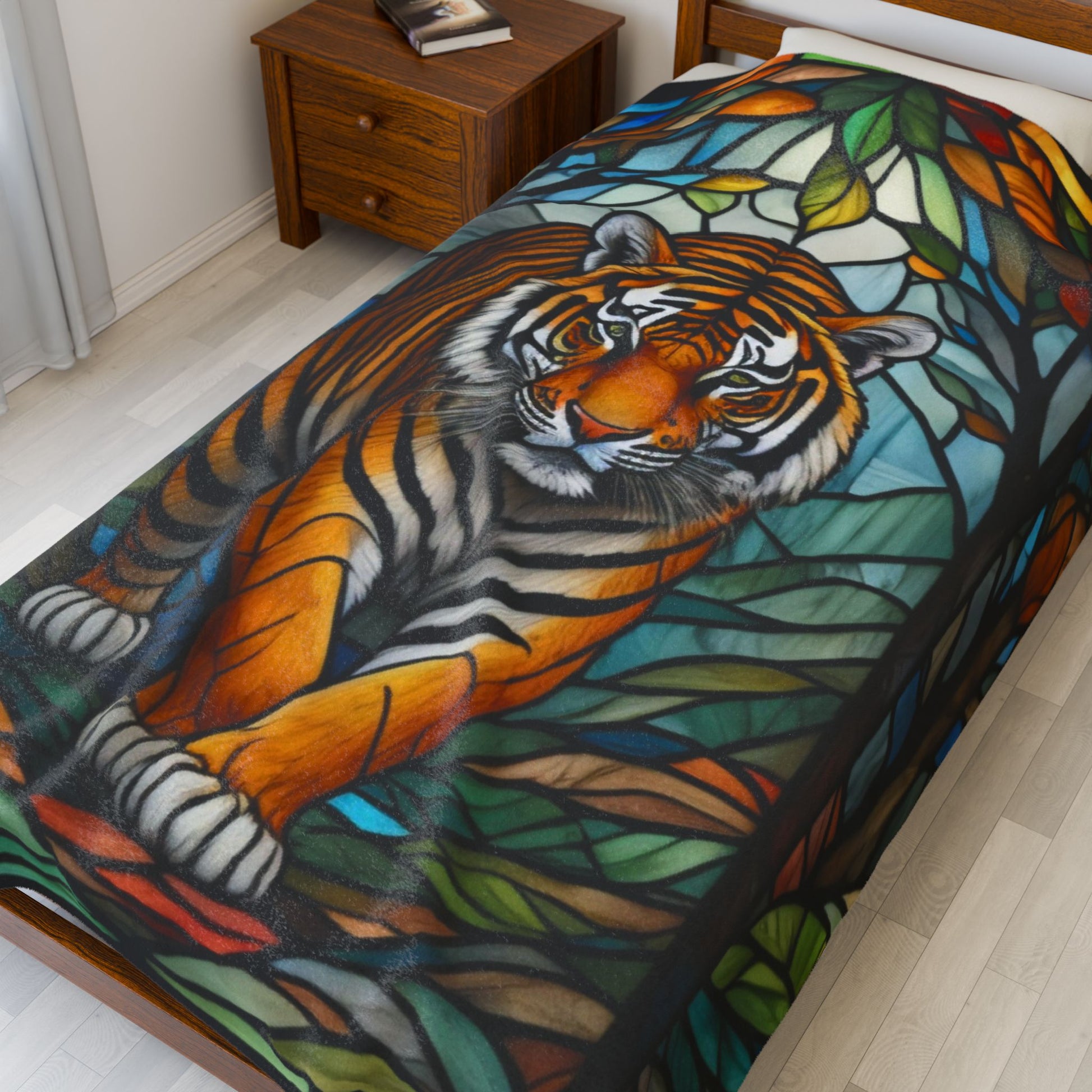 A fierce tiger blanket with stained glass-style art that combines power, color, and coziness.