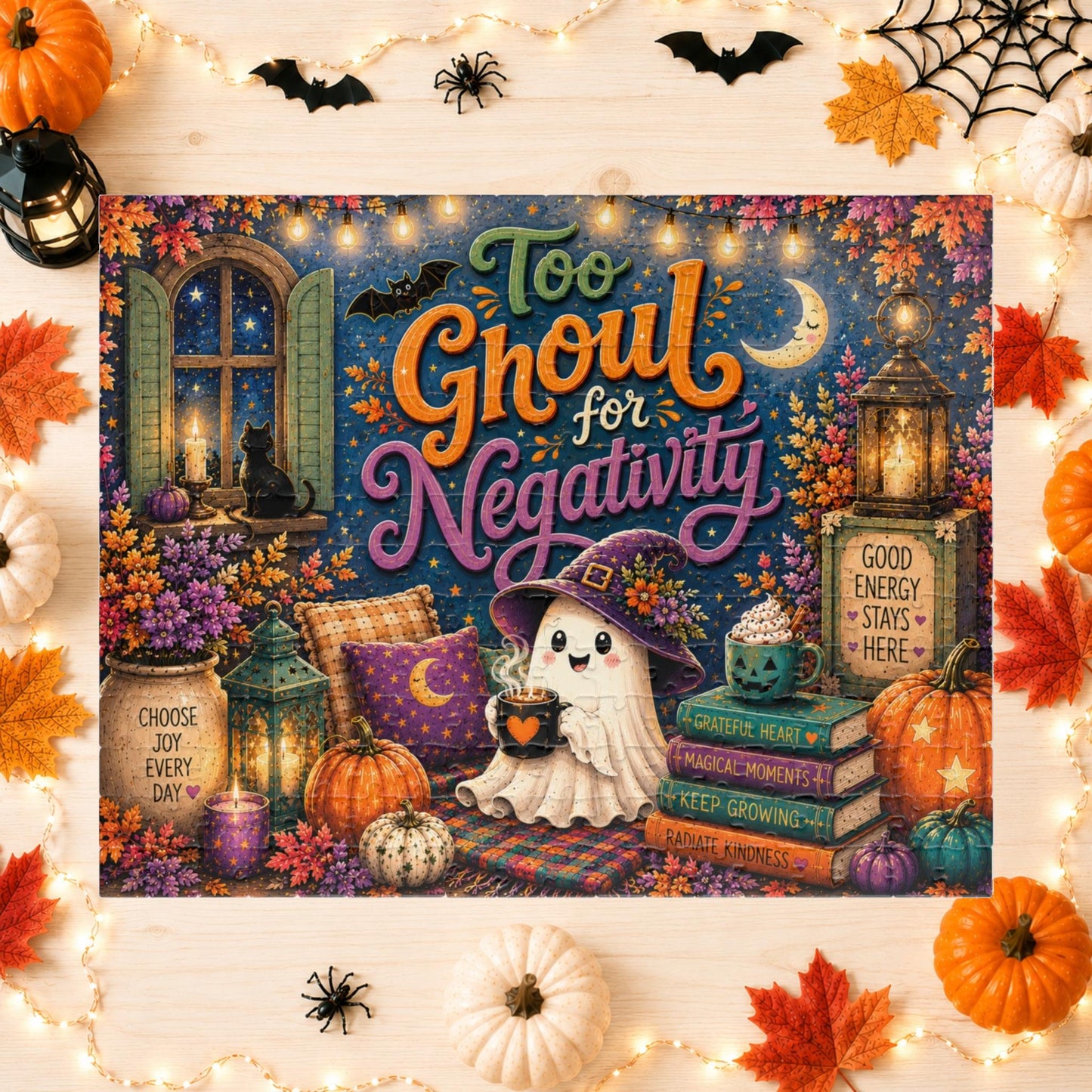Too Ghoul for Negativity Halloween Puzzle - Ghost with Cauldron Mug, Good Energy Stays Here Sign, and Gratitude Books