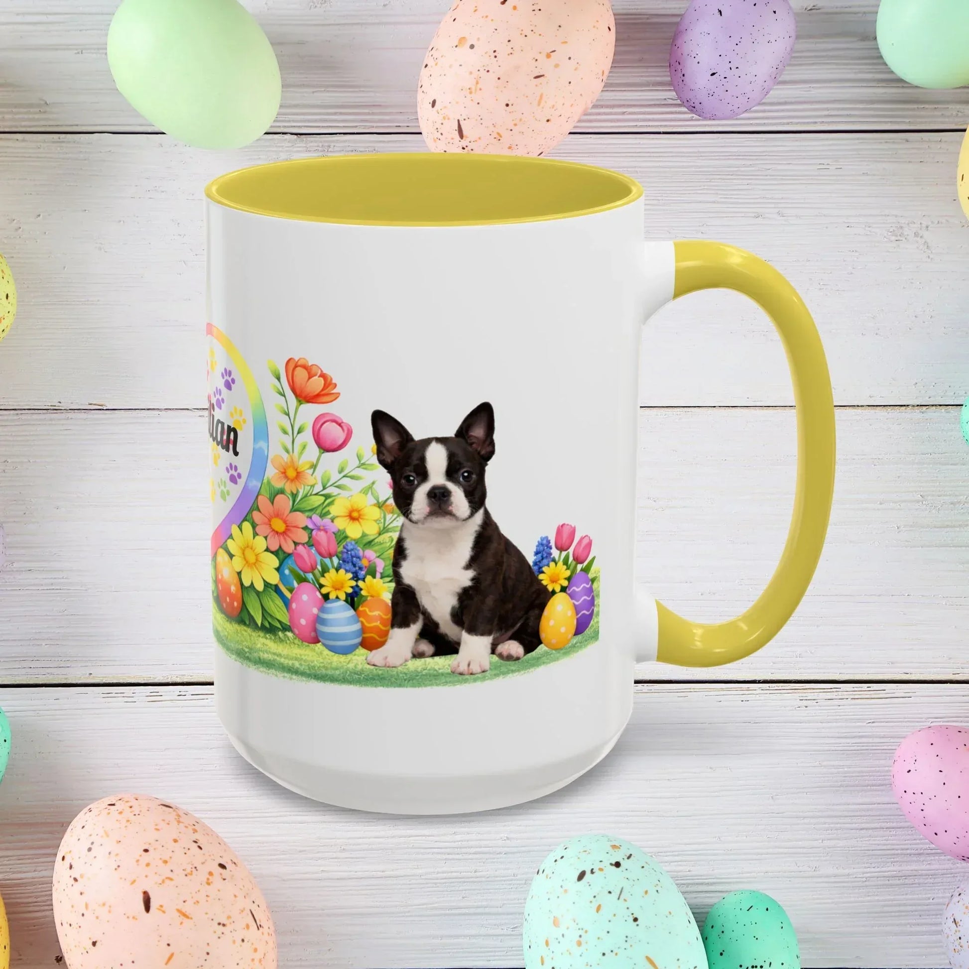 Shop our premium boston terrier seal brindle and white puppy easter mug from MySisterIsASurvivor.