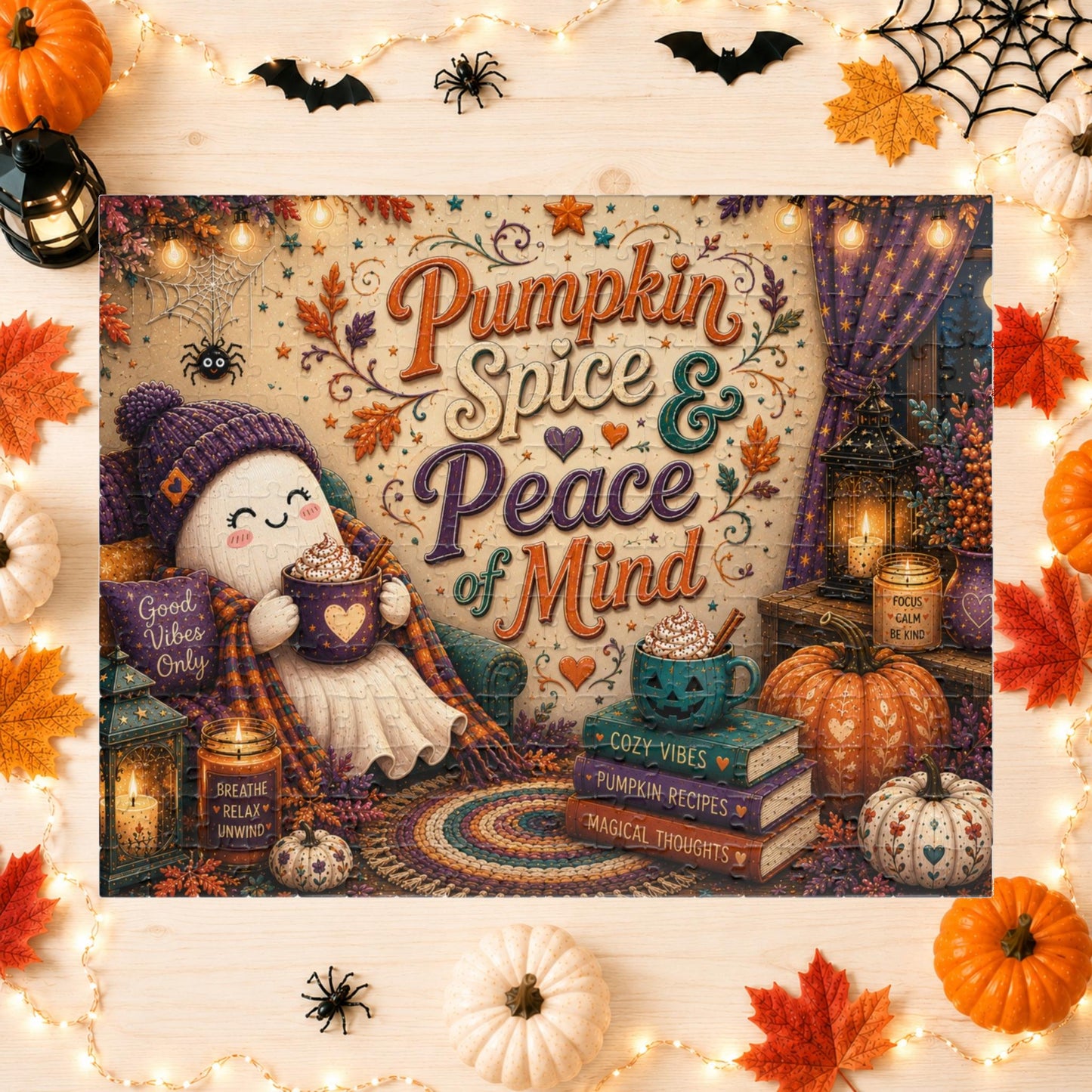 Pumpkin Spice and Peace of Mind Halloween Puzzle - Cozy Ghost with Heart Mug, Good Vibes Pillow, and Pumpkin Recipe Books