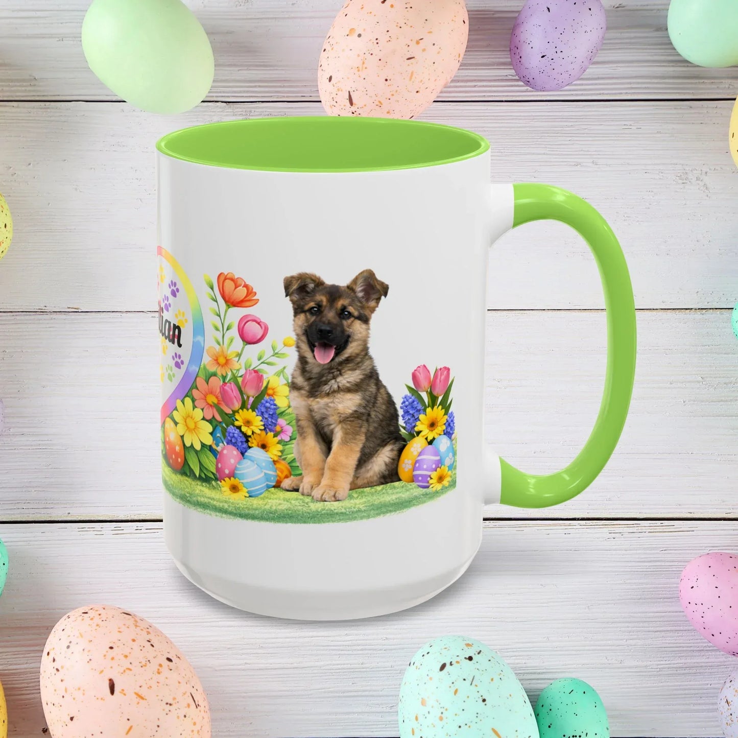 Shop our german shepherd sable puppy easter mug featuring the 15oz style option from MySisterIsASurvivor.