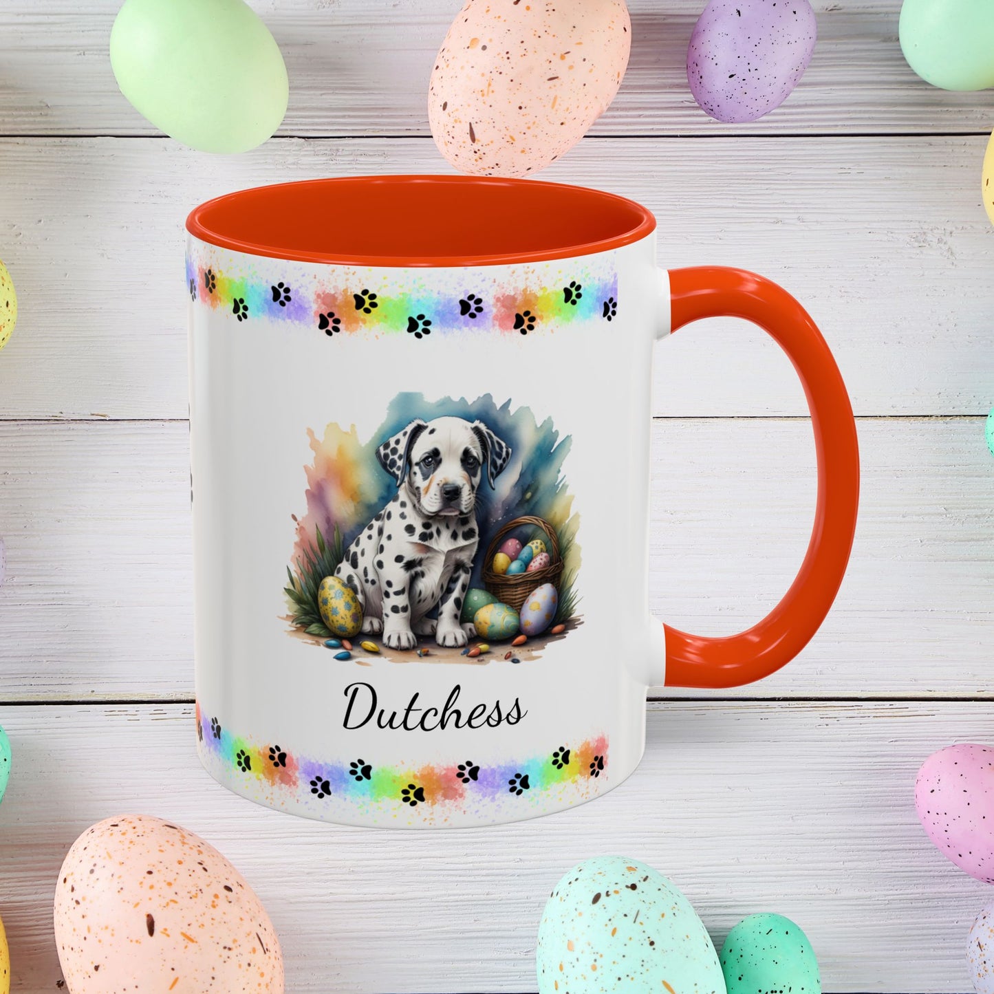 Dalmatian: Personalized Easter Puppy Coffee Mug - Adorable Dog Design, Mental Health Gift, 11oz & 15oz, 12 Color Choices, Easter Gifts & Décor