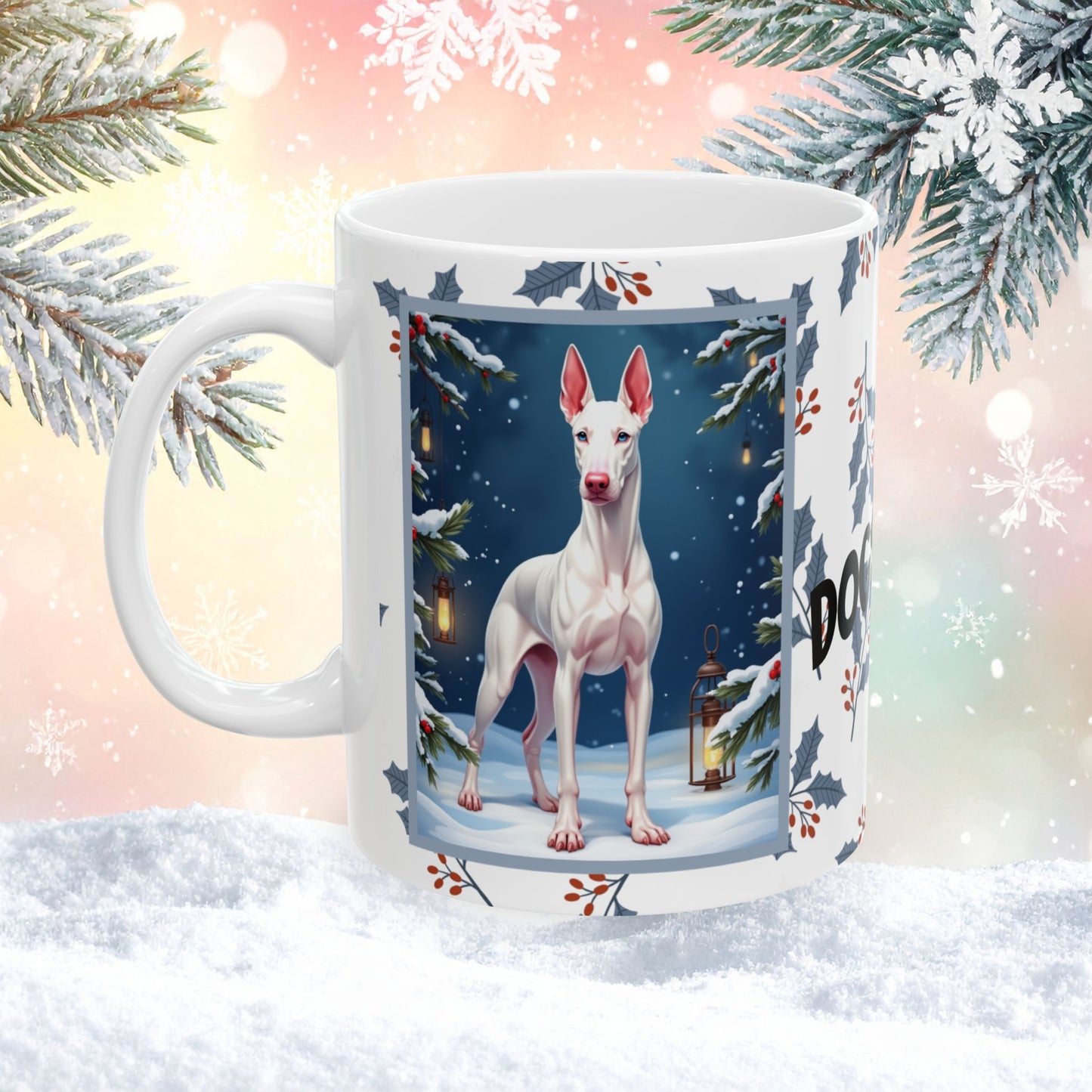 Doberman (White) Winter Mug - white Doberman artwork standing in a snowy winter setting with soft seasonal details