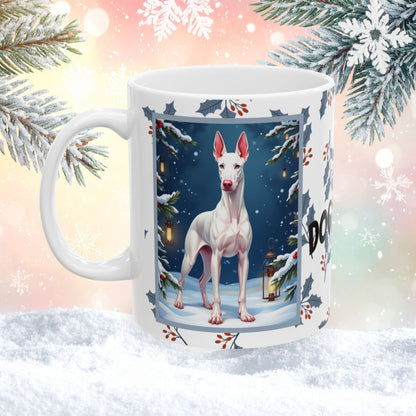 Doberman (White) Winter Mug - white Doberman artwork standing in a snowy winter setting with soft seasonal details