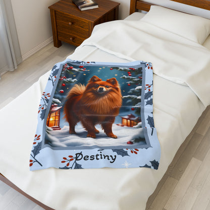 Pomeranian Red custom winter blanket with a vibrant red Pom in a bright illustrated lodge-style setting