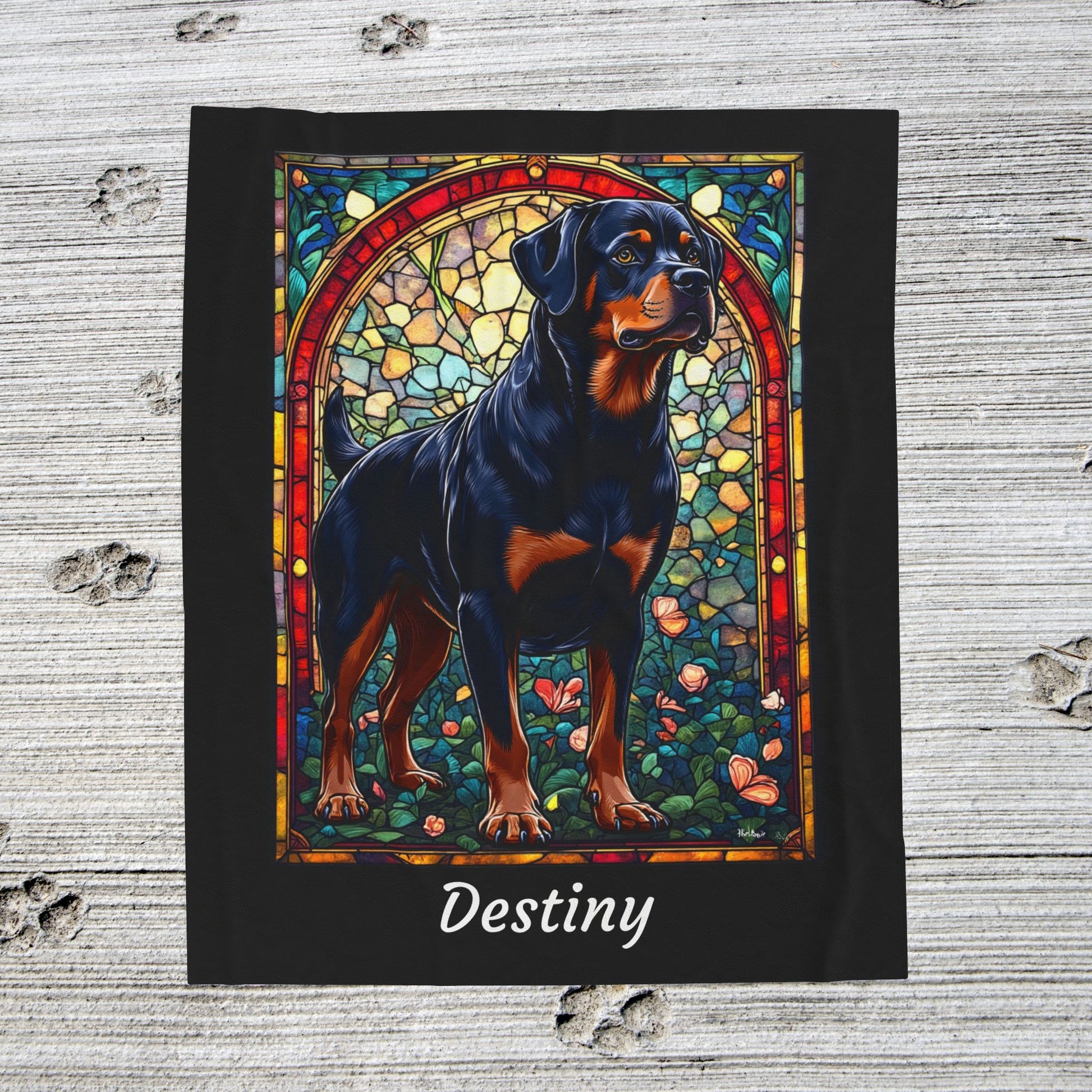 Rottweiler Black & Mahogany Coat Blanket, Velveteen Plush Stained Glass Dog Throw, Personalized Gift