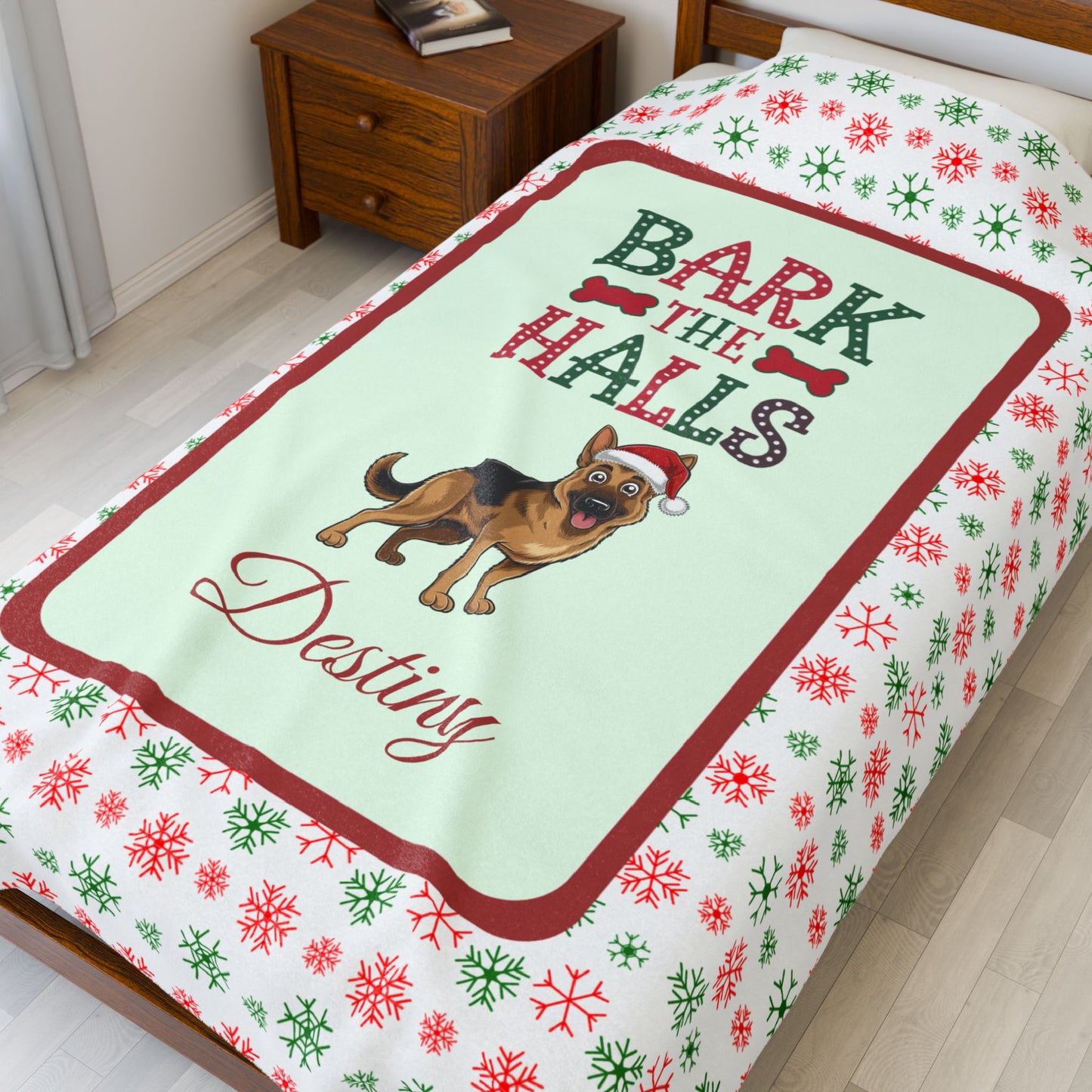 German Shepherd velveteen blanket Bark The Halls holiday gift for dog lovers and cozy Christmas throw