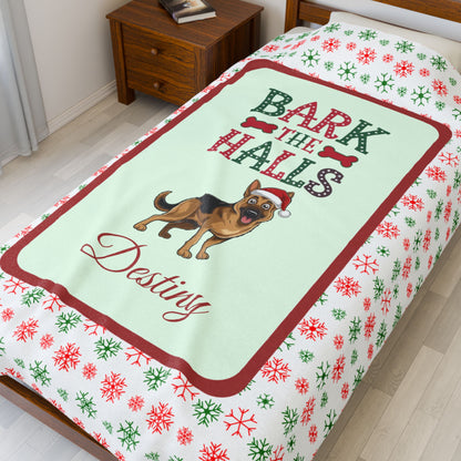 German Shepherd velveteen blanket Bark The Halls holiday gift for dog lovers and cozy Christmas throw