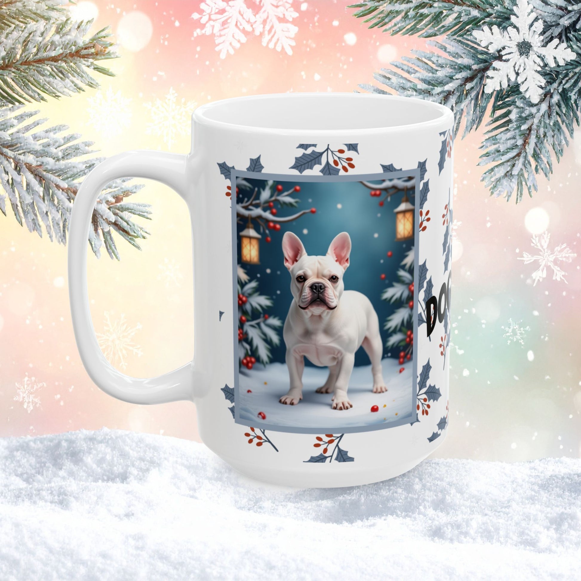 French Bulldog (White) Winter Mug - white French Bulldog illustrated standing in a crisp winter scene with soft snow