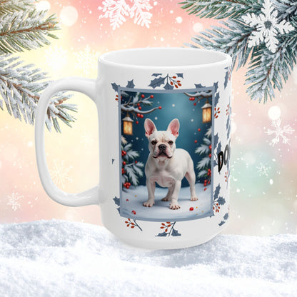 French Bulldog (White) Winter Mug - white French Bulldog illustrated standing in a crisp winter scene with soft snow