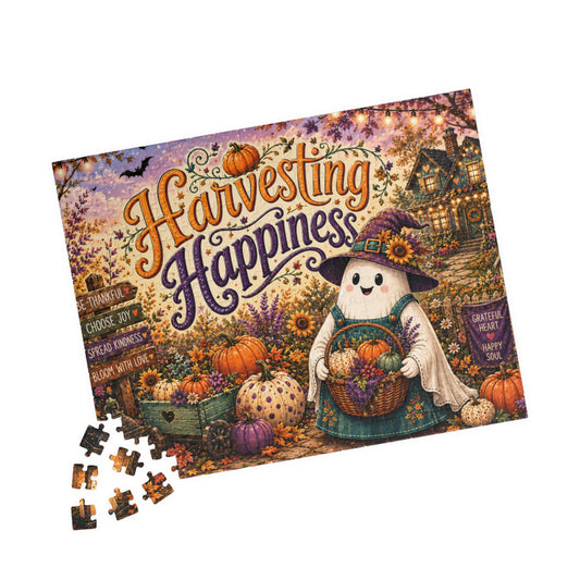 Harvesting Happiness Halloween Puzzle - Witch Ghost with Harvest Basket, Sunflowers, and Pumpkins