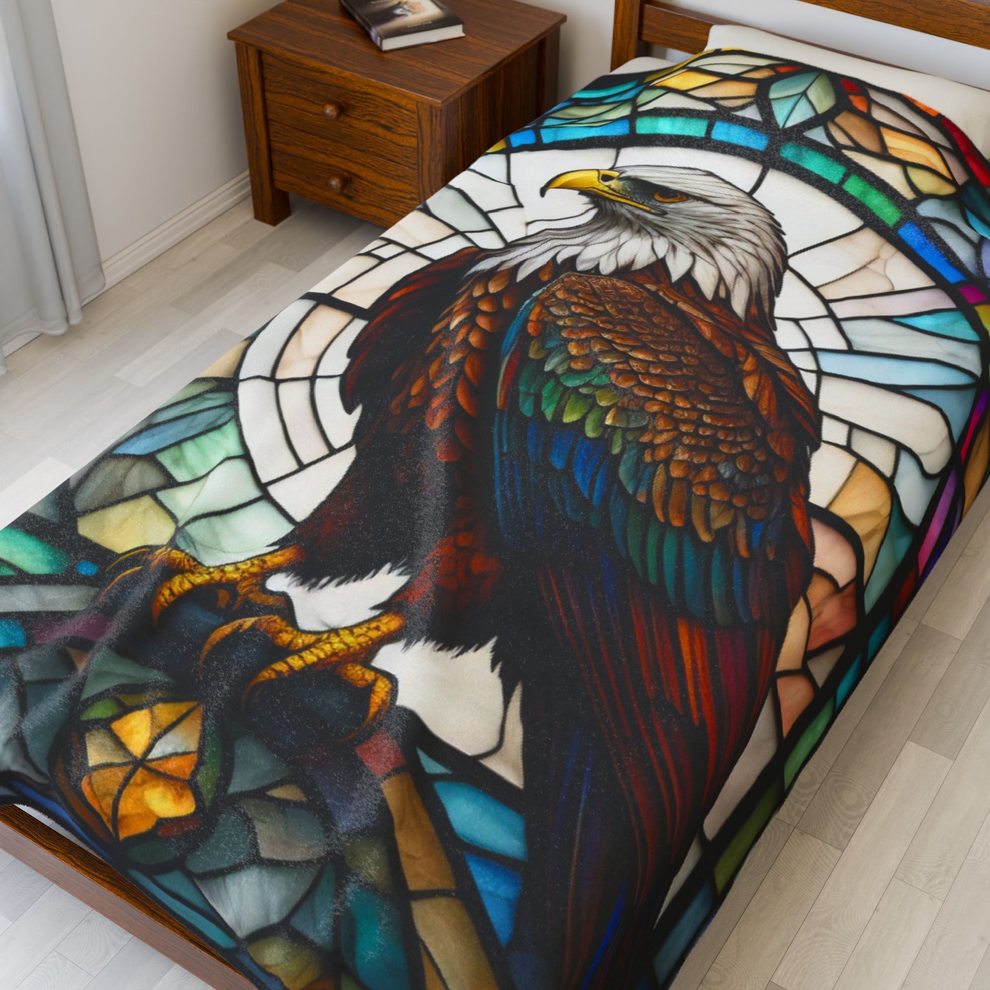 A majestic eagle blanket in stained glass style, offering cozy warmth and peaceful energy.