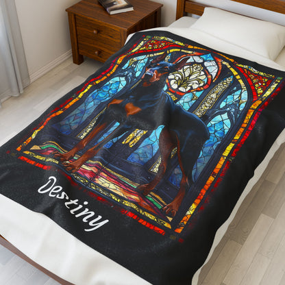 Doberman black and rust velveteen blanket, stained glass dog throw, personalized pet lover gift - MySisterIsASurvivor