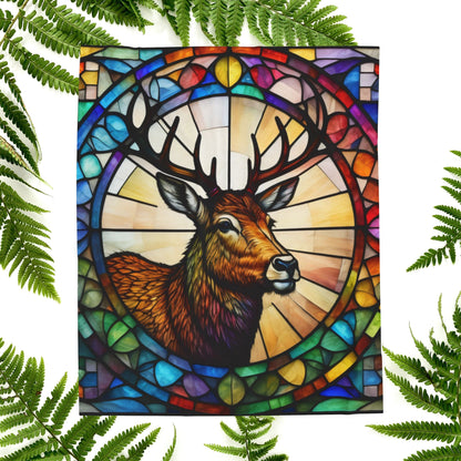 A woodland deer blanket with colorful stained glass art, perfect for cozy mindful moments.