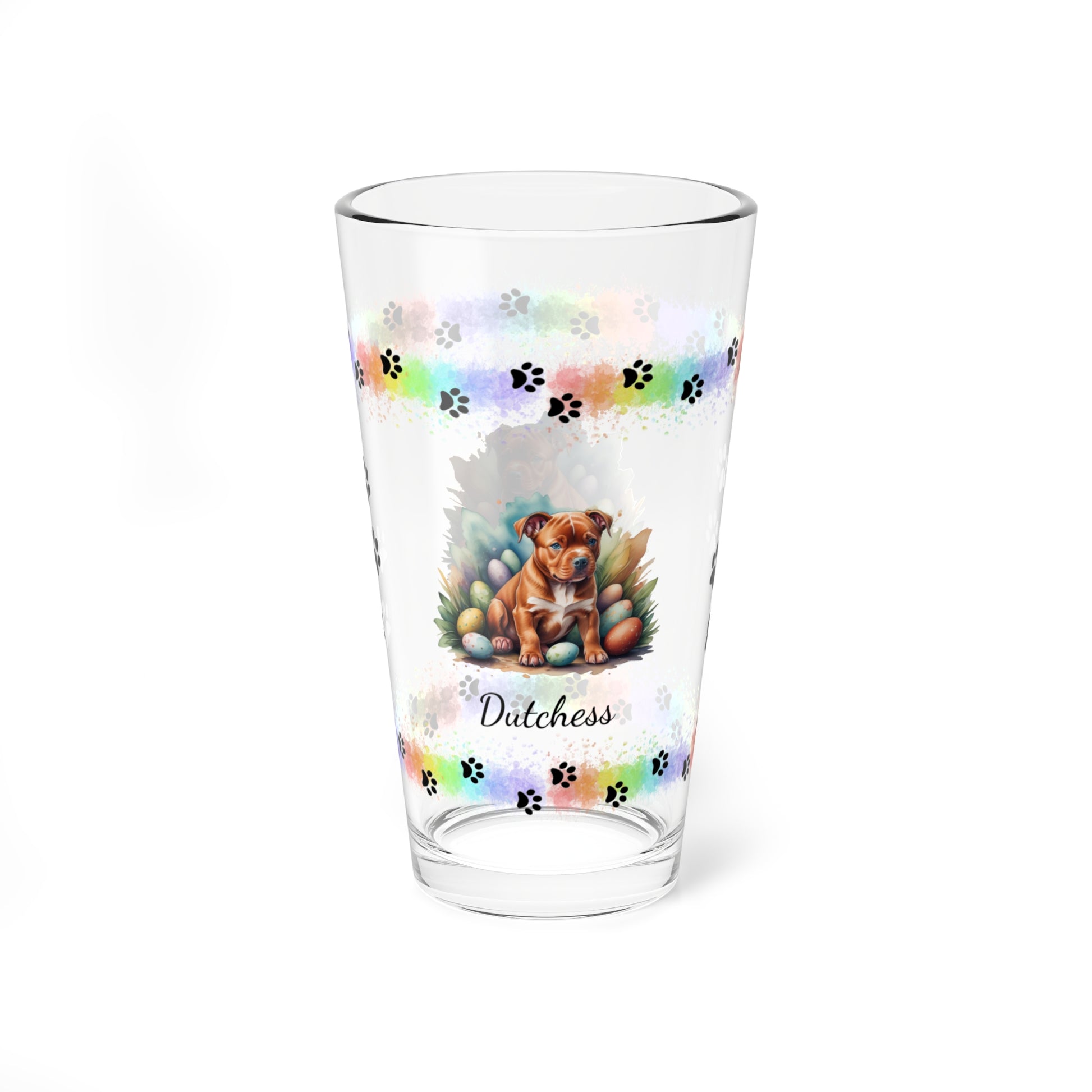 Pitbull (Red) Personalized Easter Puppy 16oz Pint Glass - Custom Dog Design, Mental Health Gift, Easter Décor, and Festive Celebrations