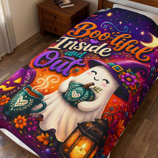 Boo-tiful Inside and Out Velveteen Blanket - Ghost with Floral Witch Hat and Heart Pumpkin