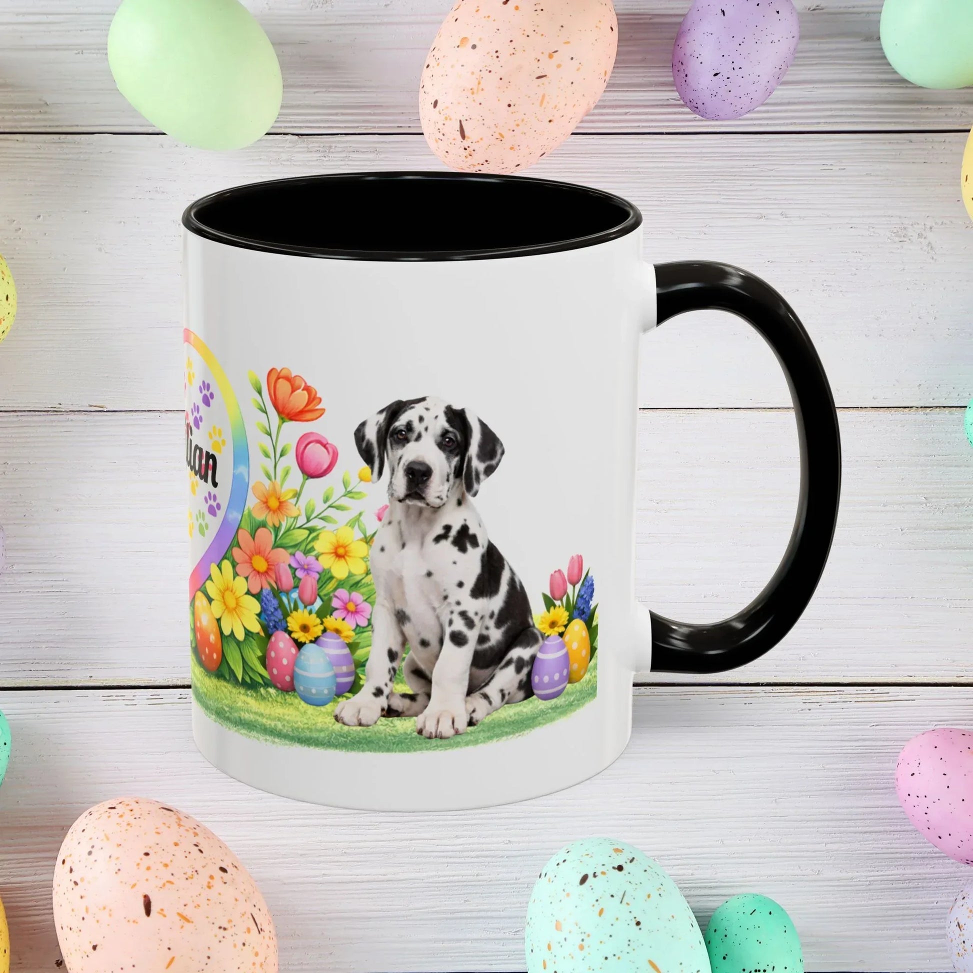 Shop our great dane harlequin puppy easter mug featuring the 11oz style option from MySisterIsASurvivor.