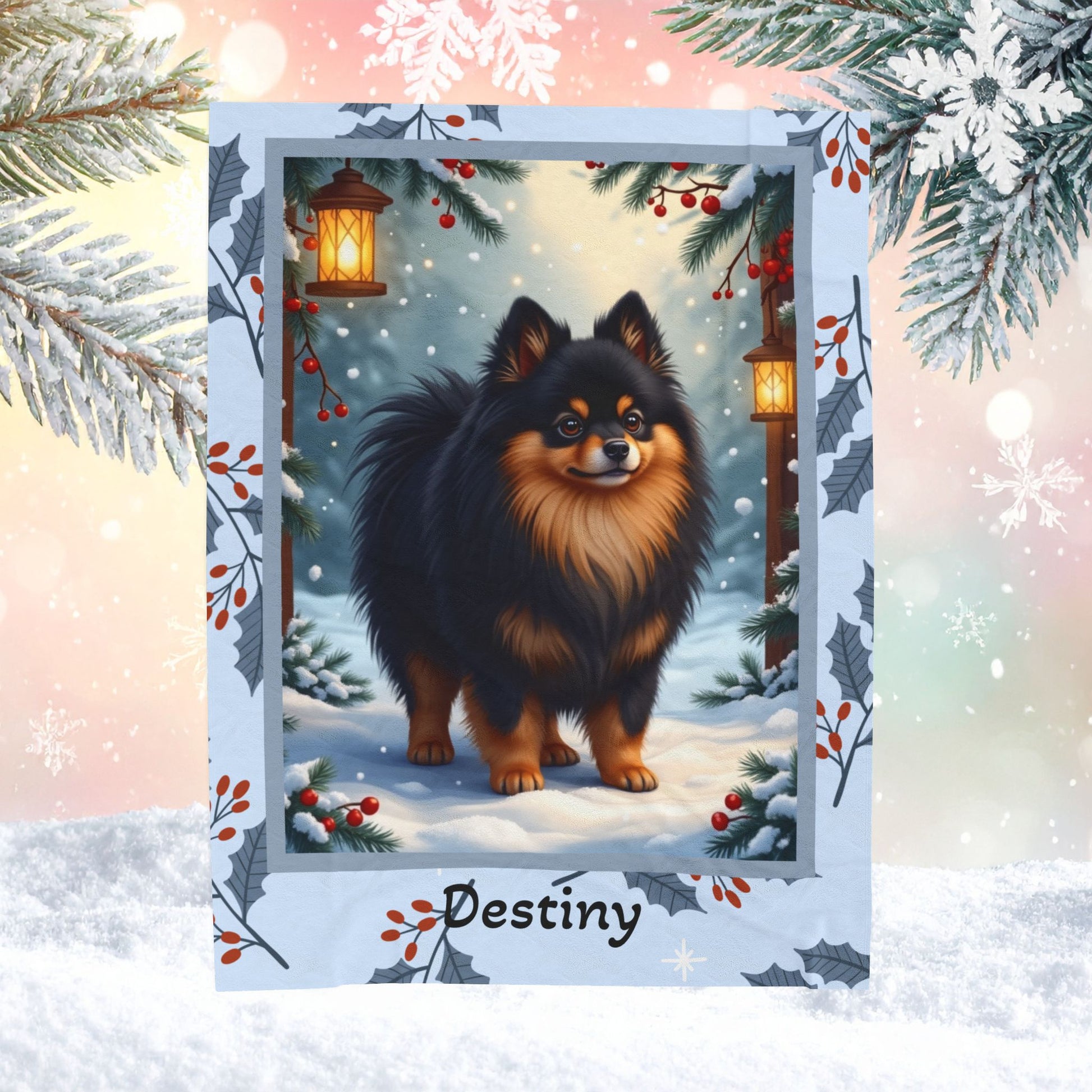Pomeranian Black and Tan custom winter blanket featuring a fluffy Pom in a cozy illustrated lodge setting
