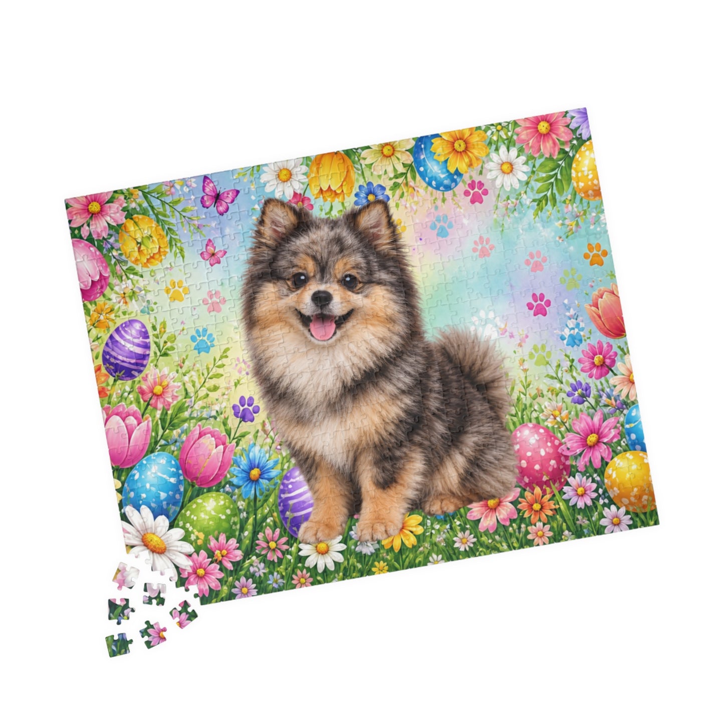 Pomeranian (Chocolate Merle) Easter Puppy Puzzle - Spring Garden with Eggs, Tulips, and Daisies
