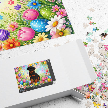 Rottweiler (Black & Rust) Easter Puppy Puzzle - Spring Garden with Eggs, Tulips, and Daisies