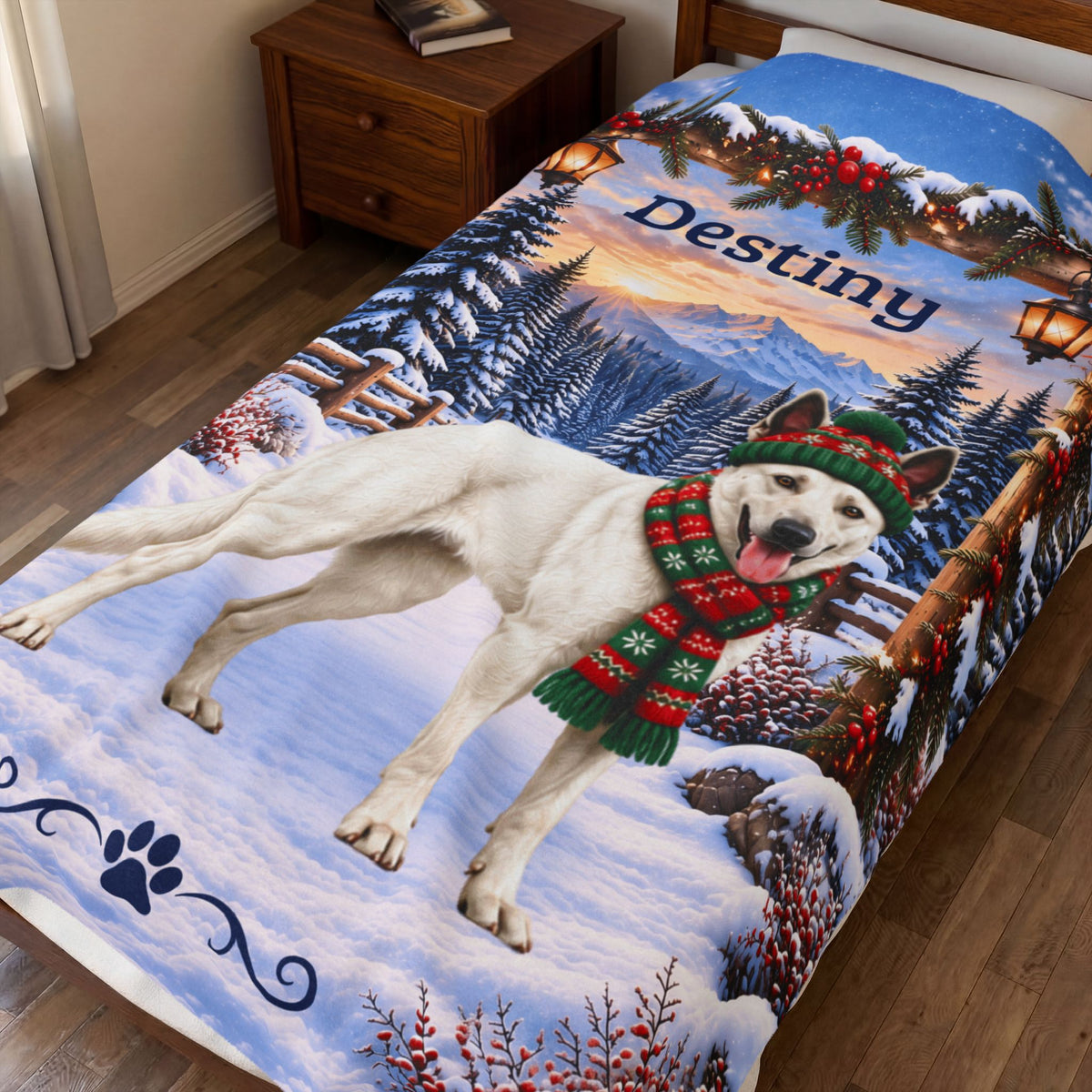 Belgian Malinois (White Coat) - Custom Pet Name Velveteen Blanket, Snowy Forest Gift for Mali Lovers