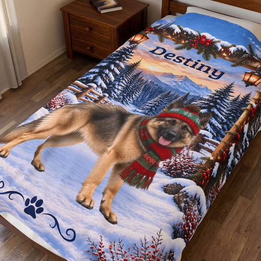 German Shepherd (Tan Coat) - Personalized Winter Mountain Blanket, Custom Name Velveteen Throw - MySisterIsAsurvor
