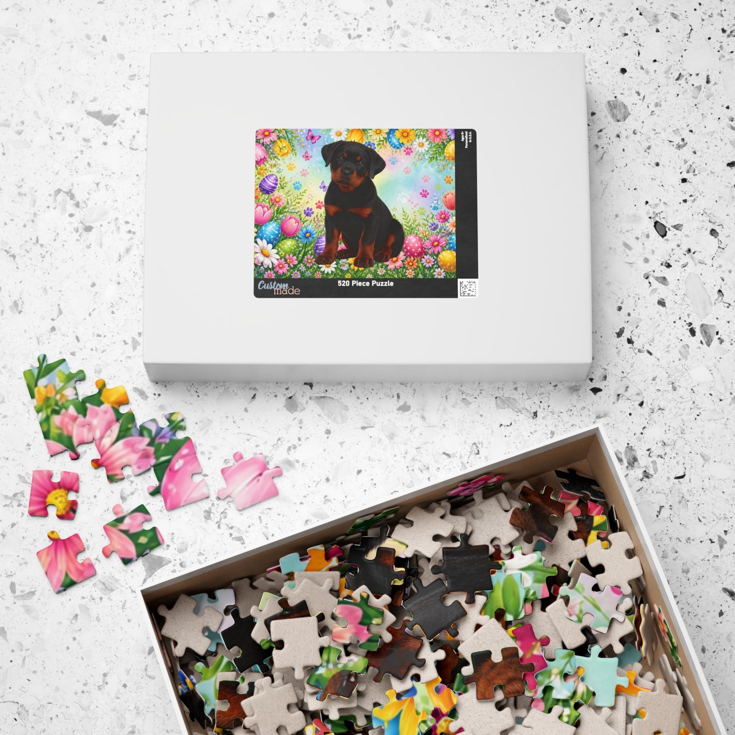 Rottweiler (Black & Mahogany) Easter Puppy Puzzle - Spring Garden with Eggs and Wildflowers